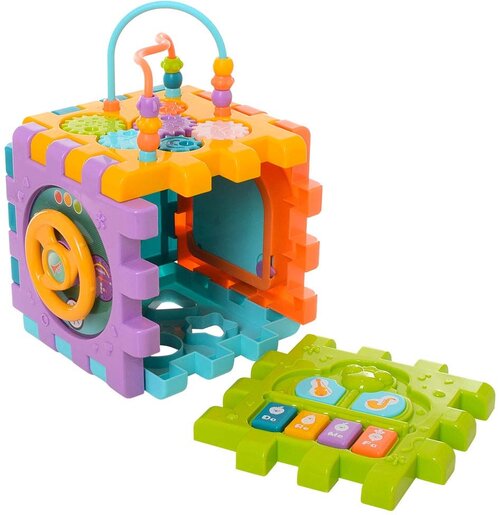 Развивающая игрушка Huanger Разивающий интерактивный бизикуб, 6 в 1, со звуком, голубой/желтый/оранжевый/фиолетовый/зеленый