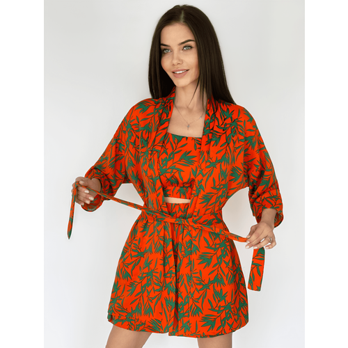 Костюм-тройка Style Margo, топ и шорты, размер 42, зеленый, оранжевый