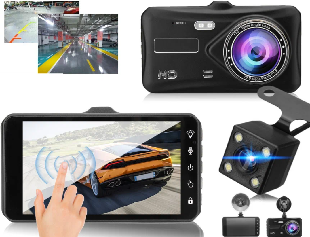 Автомобильный видеорегистратор Full HD 1080P с двумя камерами/Сенсорный 4 дюймовым дисплей/G-Sensor/Камера парковки