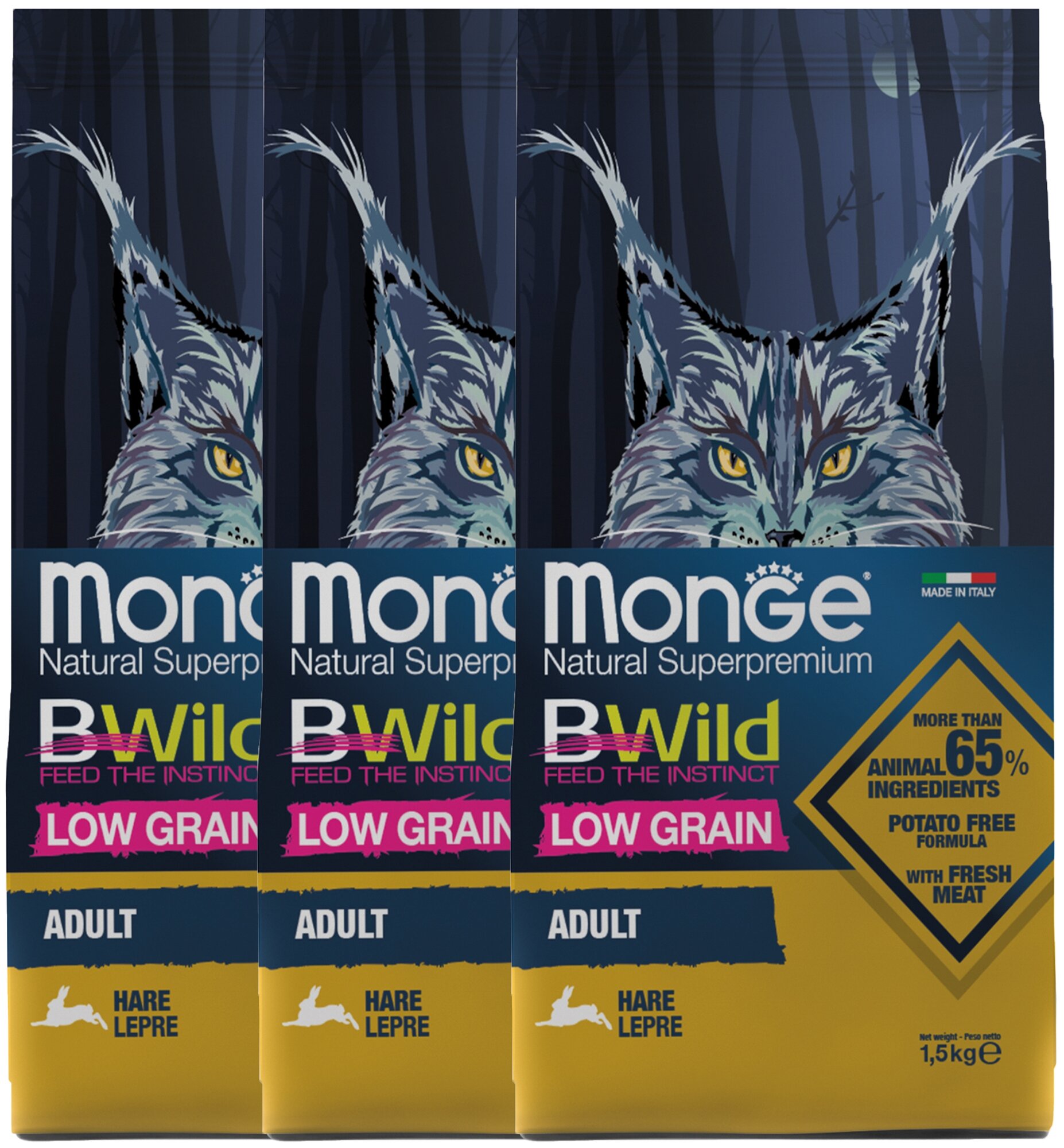 Сухой корм для кошек Monge BWILD Feed the Instinct, с зайцем 3 шт. х 1.5 кг