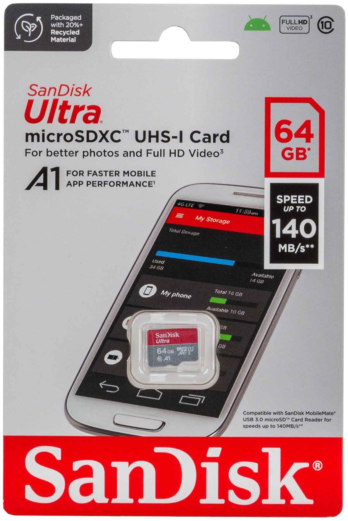 Карта памяти SanDisk microSDXC 64 ГБ Ultra Class 10, UHS-I, U1, A1 (140 Mb/s)