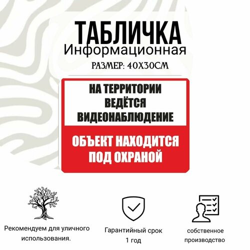 Информационная табличка на дверь и стены, На территории видется видеонаблюдение. 40Х30 см