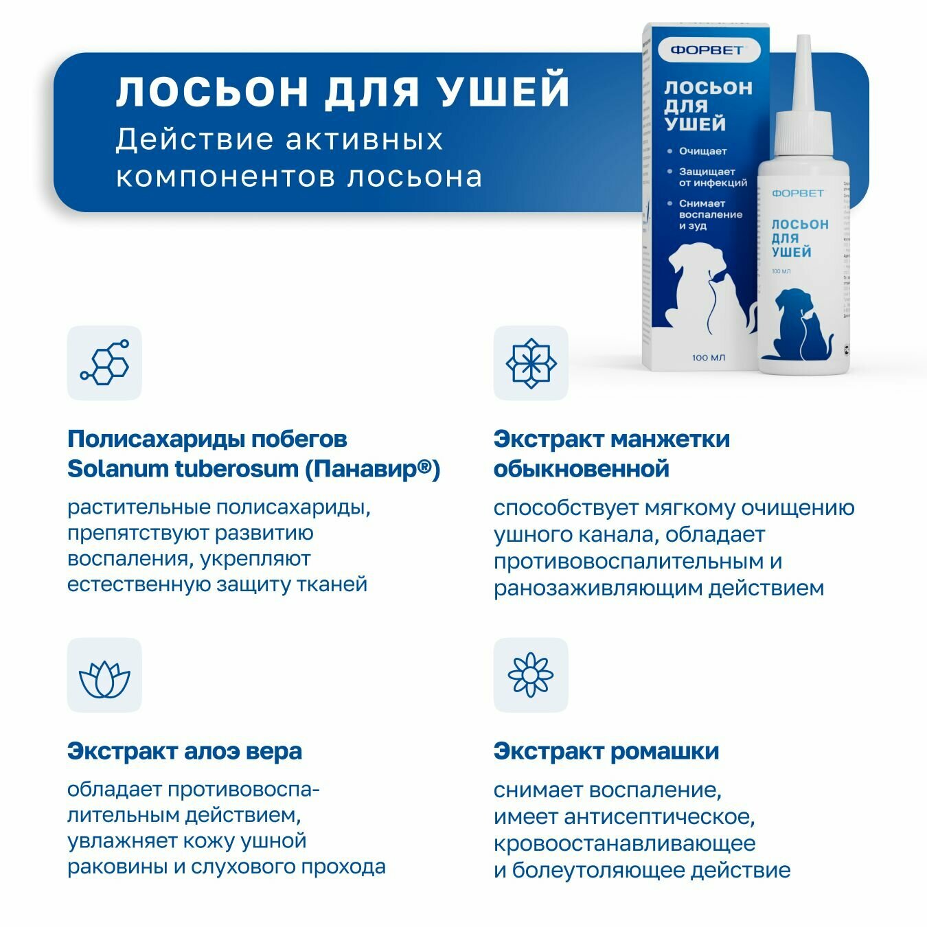 Средства Гигиены Ушей Лосьон для ушей ФОРВЕТ, для кошек, собак, грызунов, 100 мл