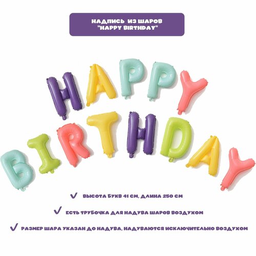 Набор фольгированных воздушных шаров "Happy Birthday". Шарики надпись "Happy Birthday", гирлянда 250-270 см, цвет: макарунс