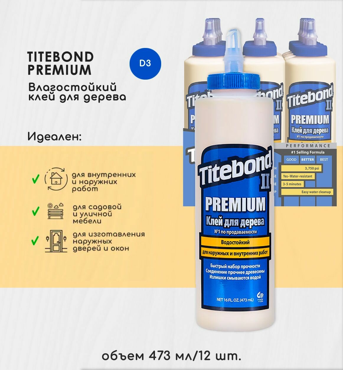 Клей для дерева Titebond II Premium столярный влагостойкий ПВА 473 мл 5004 коробка 12 шт