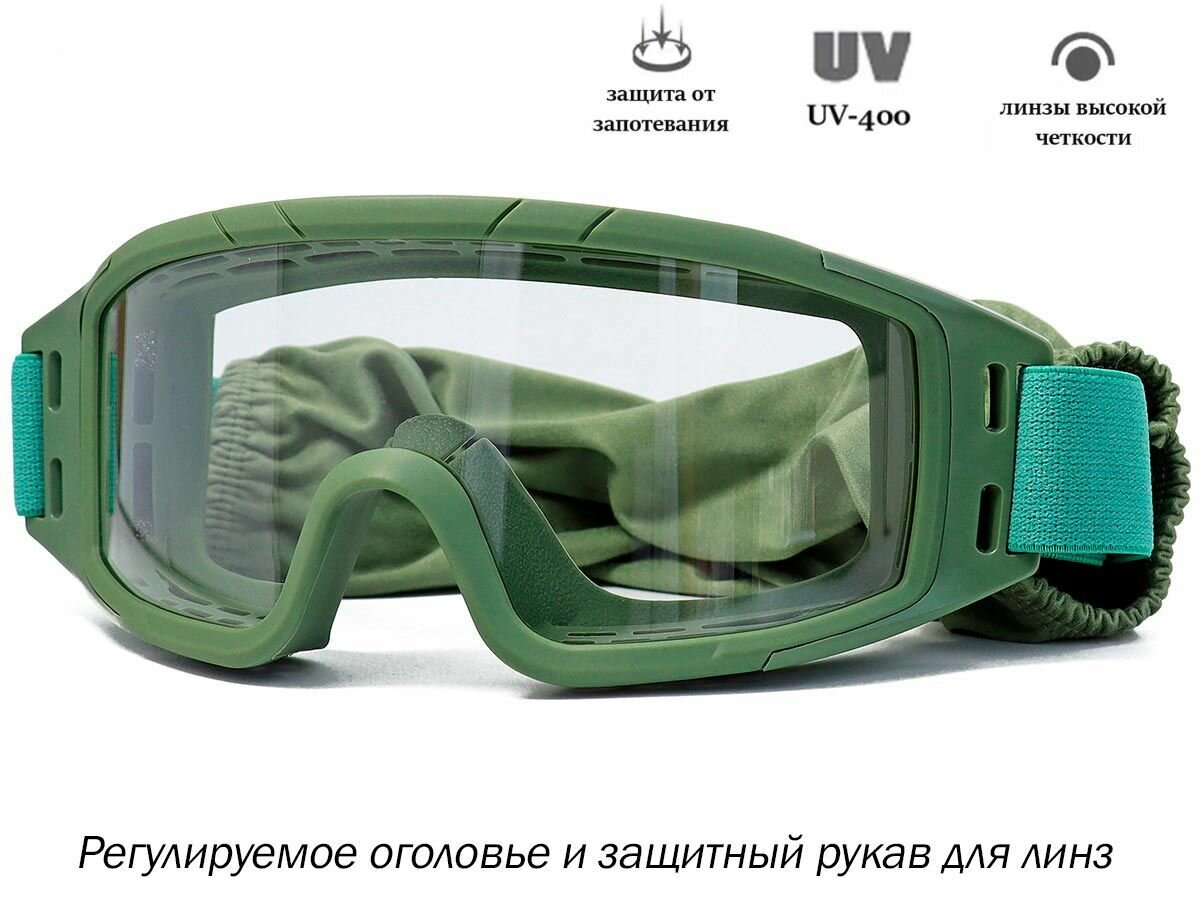 Очки-маска защитные тактические ShotTime Puma зелёные, прозрачные линзы