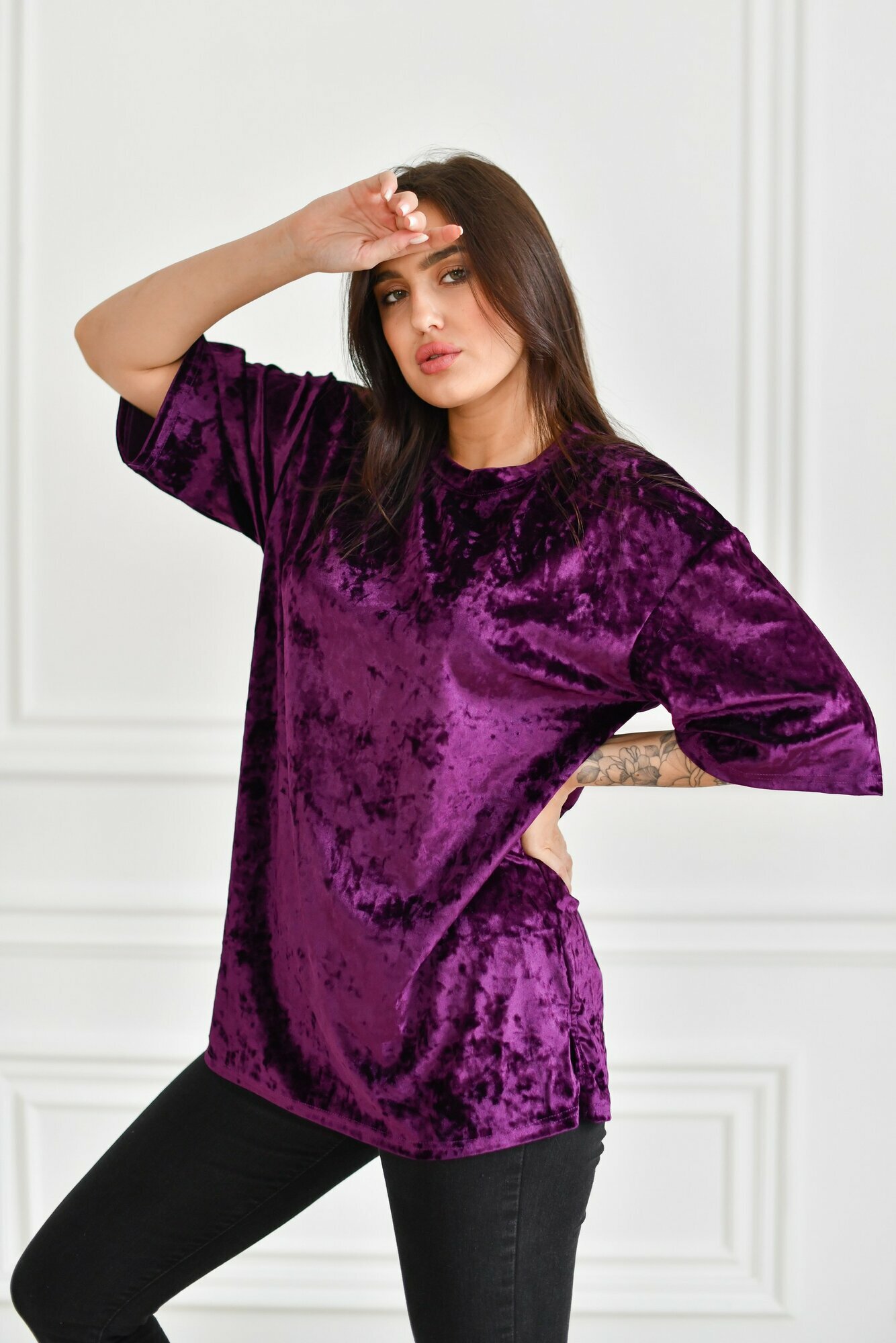 Футболка BUY-TEX.RU женская, велюровая, оверсайз, размер 50, фиолетовый
