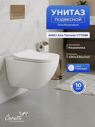 Изображение товара Унитаз подвесной Ceruttispa AMICI Aria Tornado CT11388 (490х335х340) безободковый со смывом торнадо