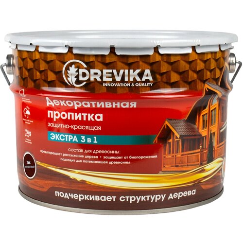 Декоративная пропитка для дерева Drevika Экстра 3 в 1, полуматовая, 9 л, тик