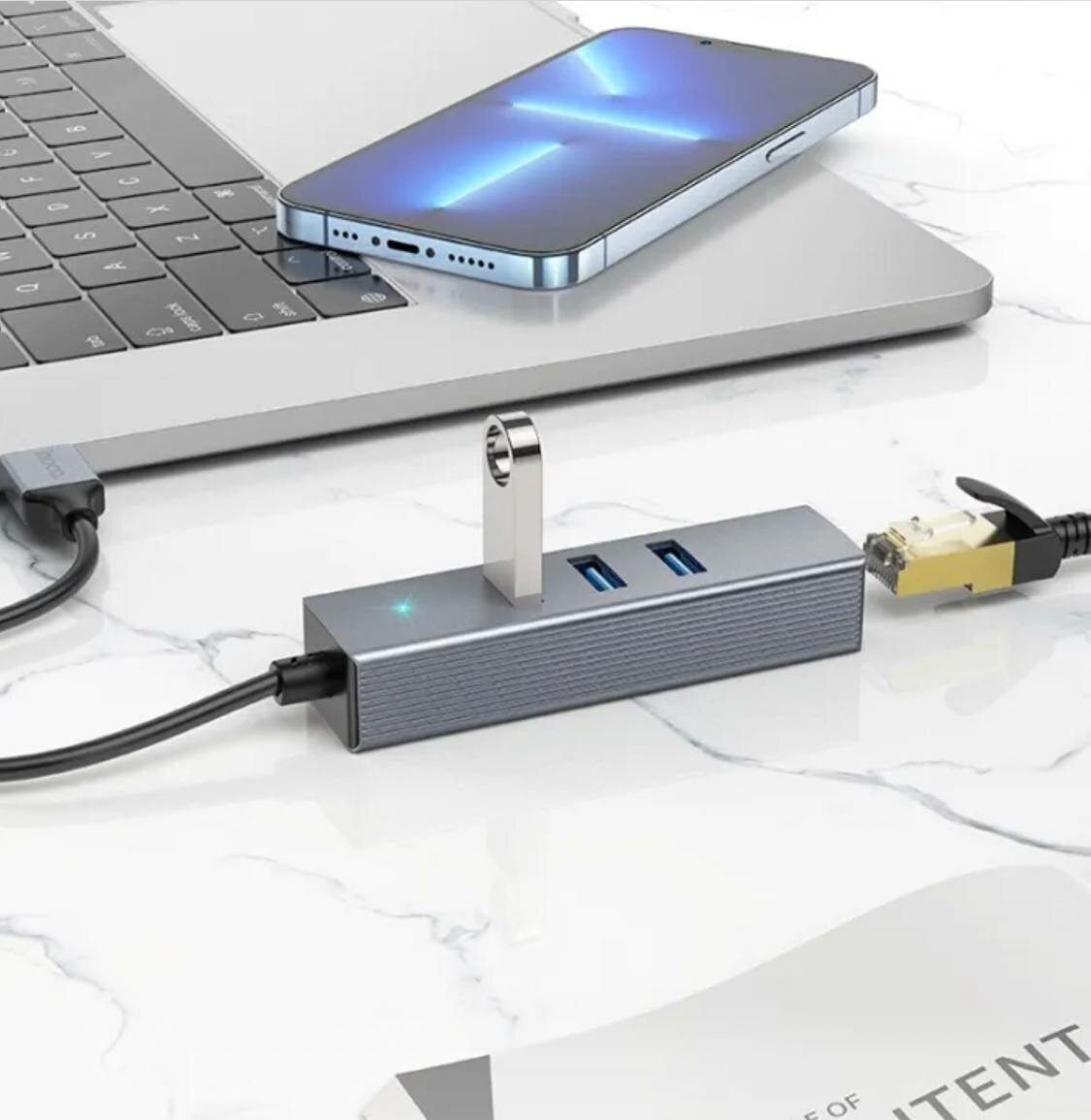 Внешняя сетевая карта USB HUB 30 плюс RJ45 с подключением к локальной сети интернет