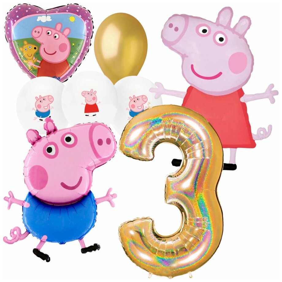 Воздушные шарики Peppa Pig, Свинка Пеппа и Джордж, и шар-цифра 3