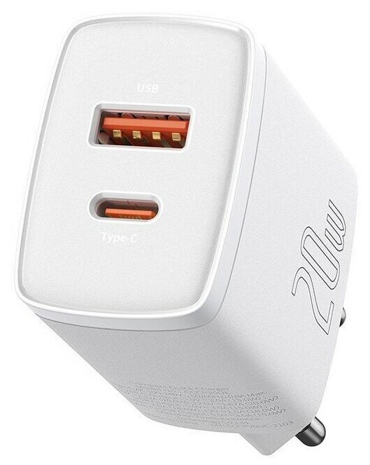 Зарядное устройство BASEUS Compact Quick Charger USB+Type-C, 3A, 20W, белый