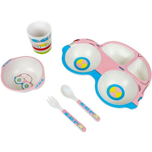 детская посуда набор из пяти предметов тарелка из бамбука мультяшный набор тарелок детская посуда чашка вилка ложка Набор детской бамбуковой посуды для кормления Машинка, 5 предметов