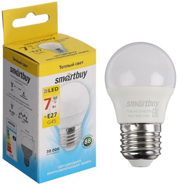 Лампа cветодиодная Smartbuy, G45, Е27, 7 Вт, 3000 К, теплый белый свет