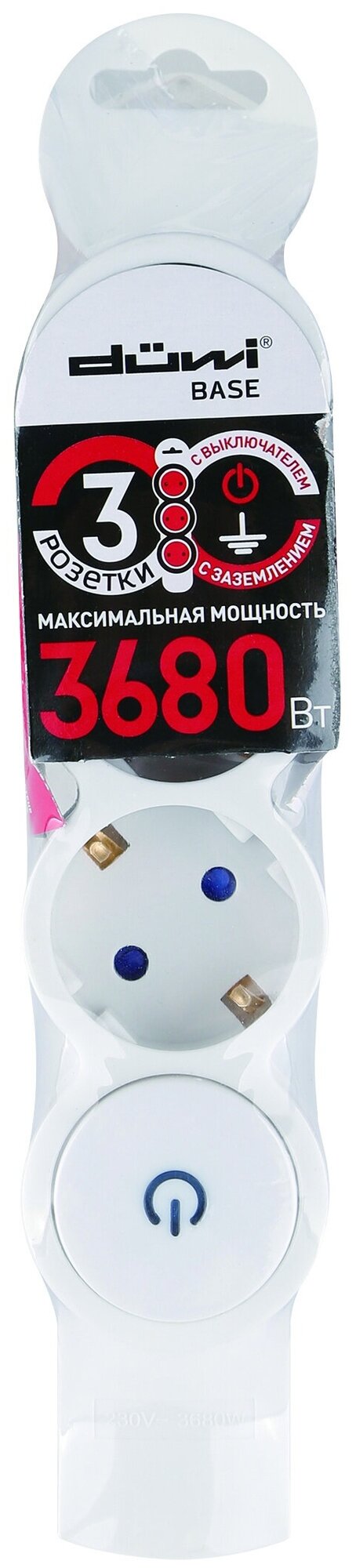 Колодка розеточная duwi Quick Fix 3 гнезда, с/з, с выключателем, 16A, 3680W