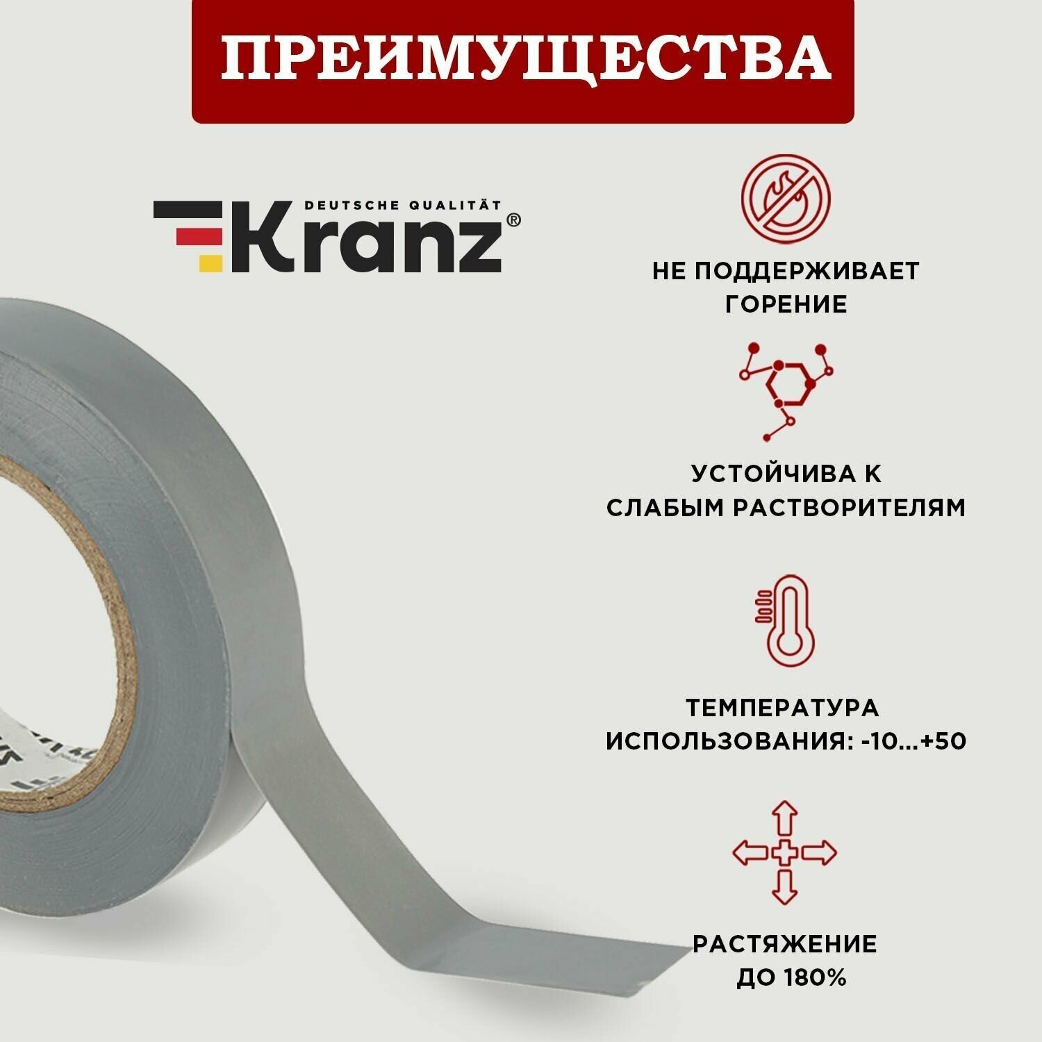 Изолента ПВХ KRANZ 0.13х15 мм, 25 м, серая (5 шт./уп.)