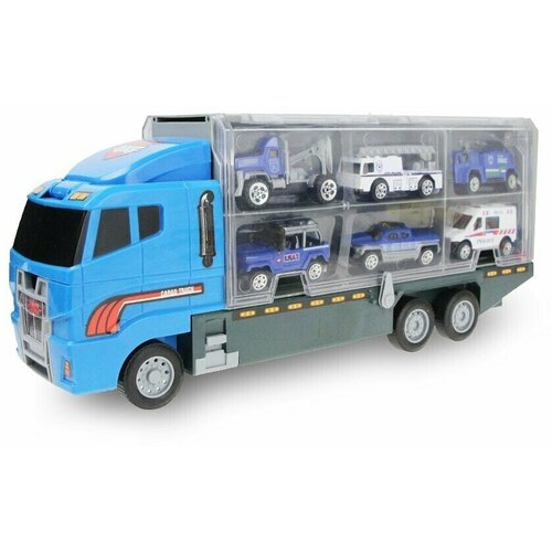 Игровой набор 2в1- Автовоз/трейлер-кейс (35см), с 6 металлическими машинками 1:64, синий, 1 шт. модель машины набор трейлер кейс с 6 машинками