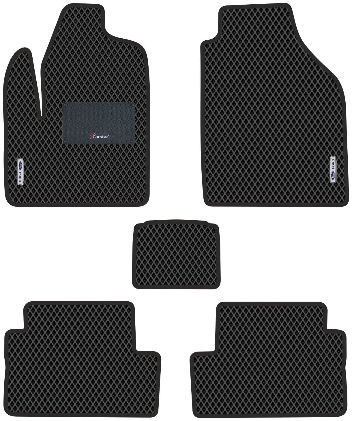Автомобильные коврики EVA для Ford Transit Connect I (2002-2013) с каучуковым подпятником и 2 эмблемами Ford, чёрные с чёрным кантом, ячейка - ромб