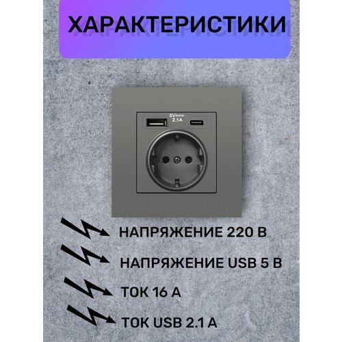 Розетка с USB и Type-C серая