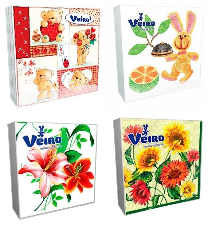 Набор Салфетки бумажные Veiro 3 слоя . 33*33 20л. Медвежата + Кролик + Лилия + Подсолнух