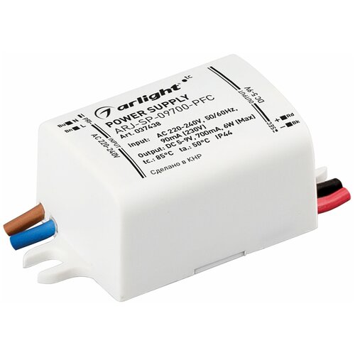 Блок питания токовый (AC-DC) 700mA 6W 037438 ARJ-SP-09700 PFC пластик драйвер arlight arj sp 09700 pfc 5 9v 6w ip44 0 7a 037438