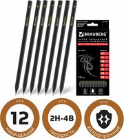 Карандаши простые чернографитные Brauberg Набор 12 шт, Black Jack, 2Н-4В, без резинки / ластика, черные, дерево, заточенные