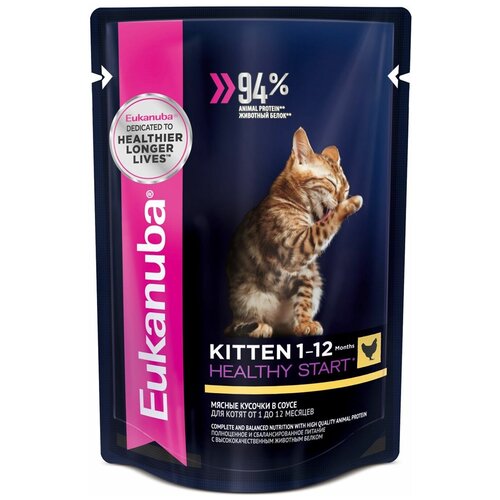 eukanuba kitten healthy start для котят с птицей 2 2 кг Корм влажный для котят Eukanuba Cat 85г с курицей в соусе пауч, 12 шт