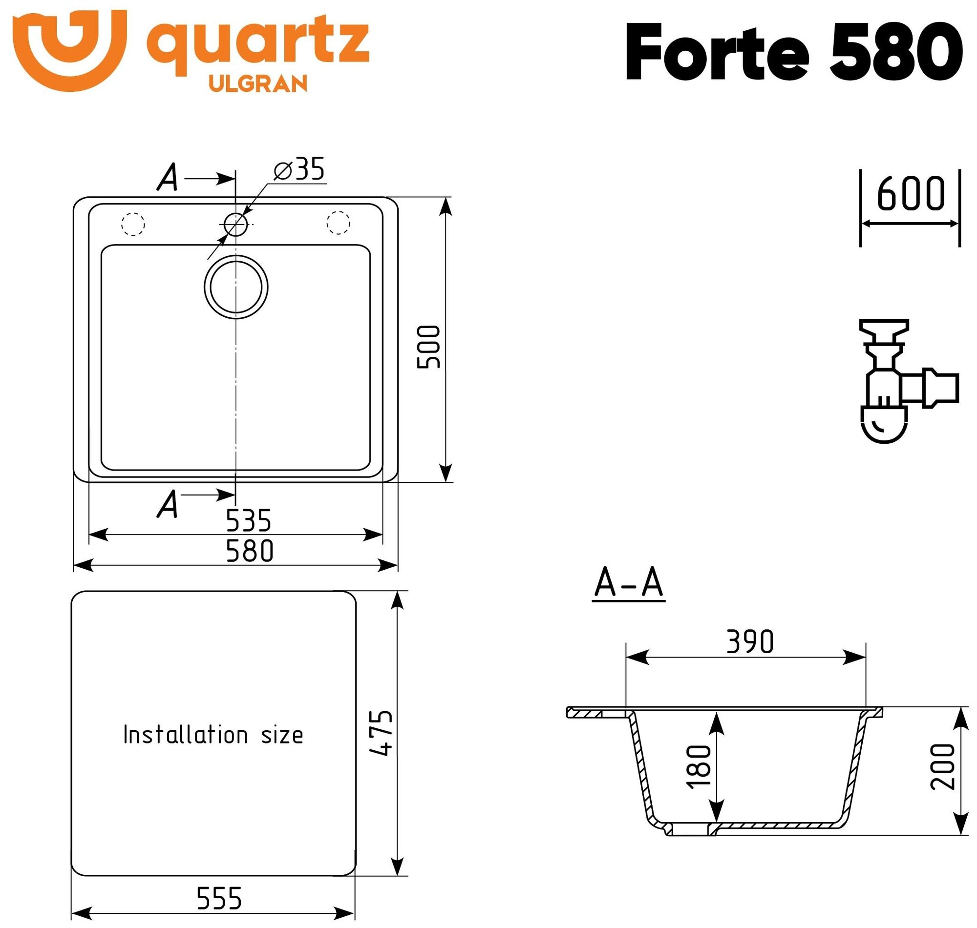 Мойка для кухни кварцевая Ulgran Quartz Forte 580 (06, трюфель) - фотография № 4