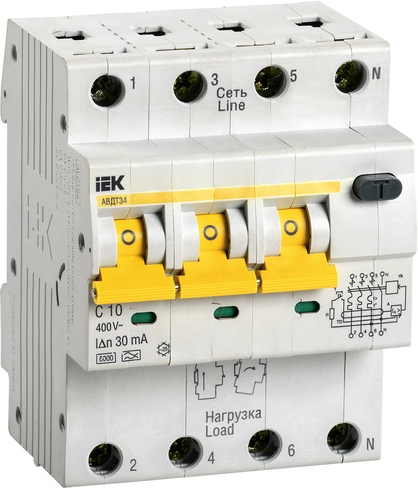 Выключатель автоматический дифференциальный АВДТ 34 3п+N 10А C 30мА тип A | код. MAD22-6-010-C-30 | IEK ( 1шт. )