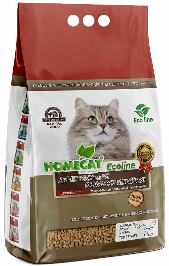 фото HOMECAT Ecoline 18 л древесный комкующийся наполнитель для кошачьих туалетов 1 шт