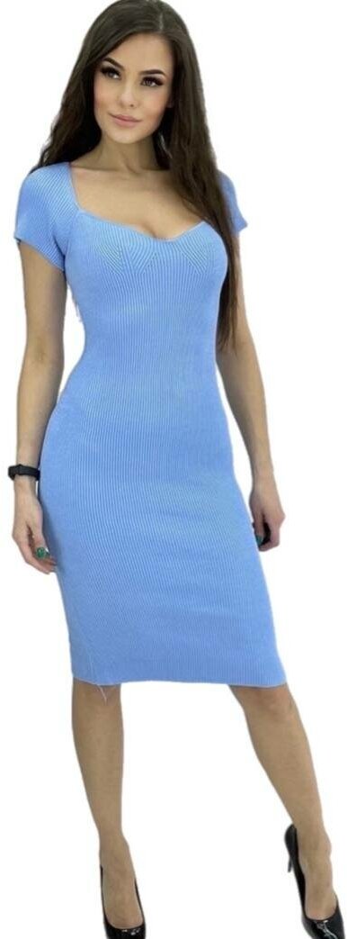 Платье-лапша хлопок, полуприлегающее, до колена, размер 42-48, голубой