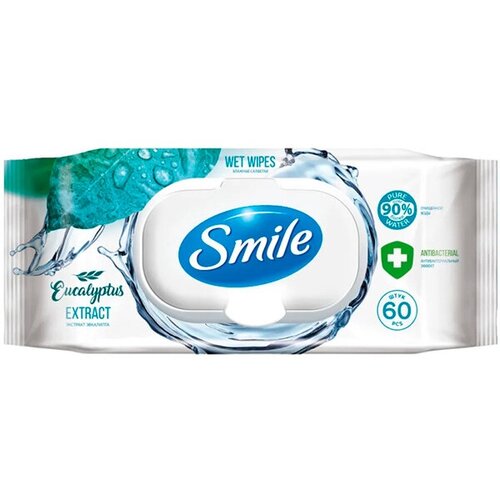 Влажные салфетки для детей SMILE W 60шт Antibacterial effect с экстрактом эвкалипта, с клапаном