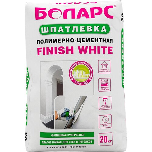 Боларс Шпаклевка полимерно-цементная Finish White 20 кг фасадная цементная шпаклевочная смесь боларс 25 кг