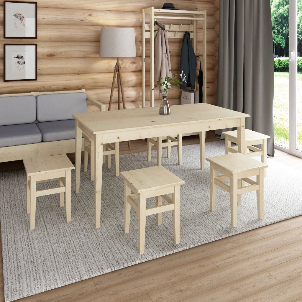Комплект обеденной мебели из дерева (стол 1,5м + 6 табуретов) КМО-14 (без покраски)