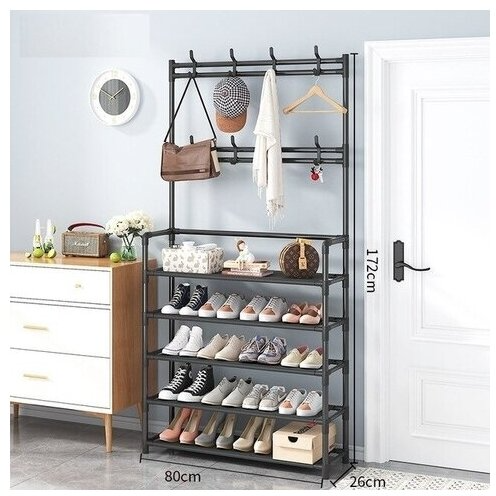 Стеллаж Этажерка Вешалка в прихожую New simple floor Clothes Rack, 5 полок, 60х26х171 (чёрный) — фото 1