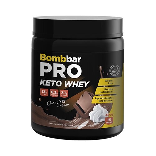 Протеин BOMBBAR PRO Keto Whey, 450 гр., кето сливки-шоколад протеиновый коктейль pro keto whey со вкусом сливки ваниль bombbar 450 г