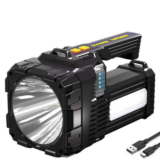 фото Фонарь светодиодный, сверх яркий фонарь аккумуляторный 1144 /USB зарядка+ солнце/6 режимов/Встроенный power bank/Индикатор зарядки/8 часов работы