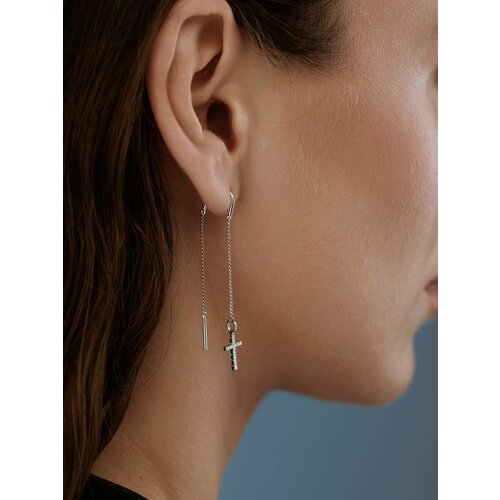 Серьги цепочки Argentum, серебро, 925 проба, родирование, фианит, размер 10 мм, длина 1.5 см, , серебристый