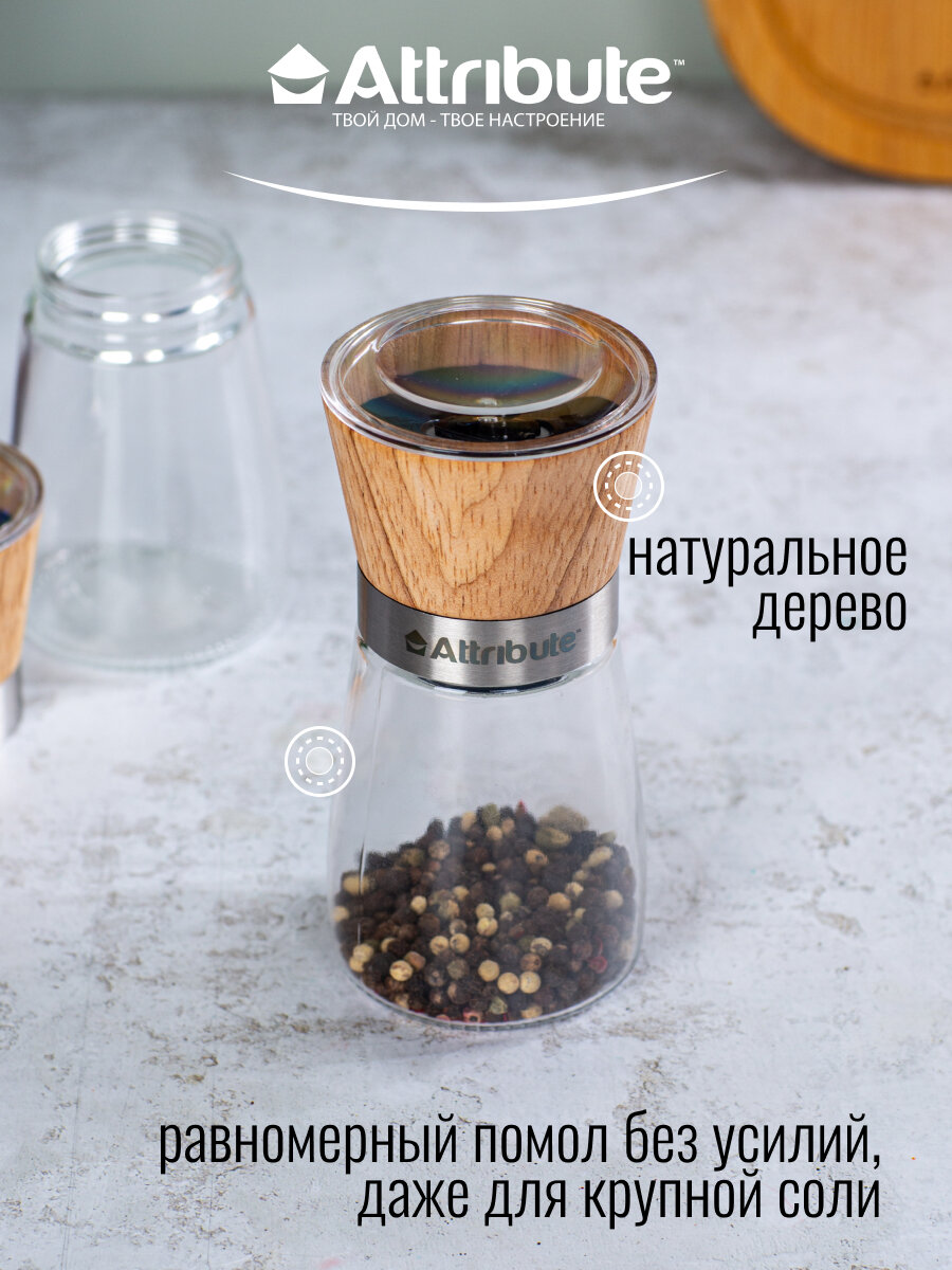 Набор из мельниц для специй, соли и перца - 2 шт, SPICE WOOD, 175 мл, 4 уровня помола, прозрачная/дерево — фото 1