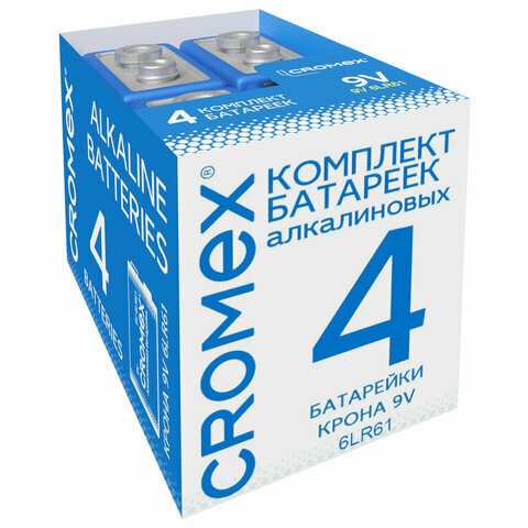 Батарейки алкалиновые комплект 4 шт, CROMEX Alkaline, Крона 9V (6LR61, 6LF22, 1604A), короб, 456453