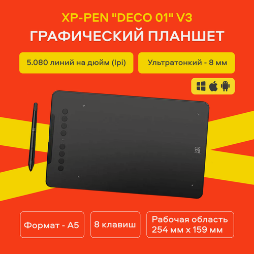 Изображение товара Графический планшет XP-PEN Deco 01 Black, A5, разрешение 5080 LPI, Express Keys