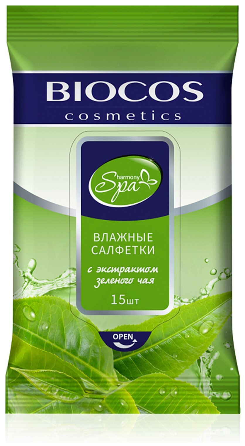 BioCos Влажные салфетки SPA Harmony/зеленый чай NEW 15шт