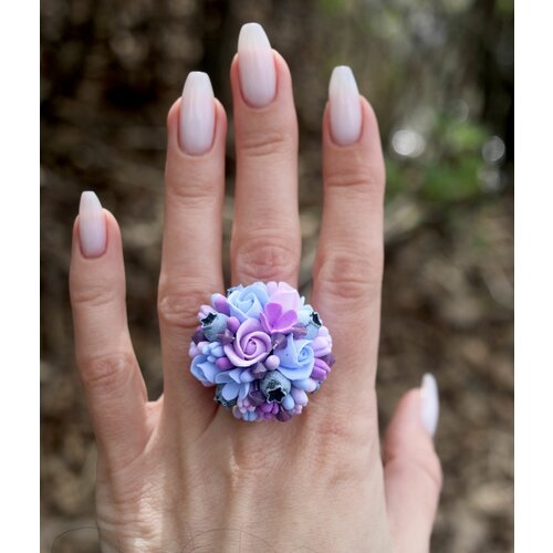 фото Кольцо, пластик, полимерная глина, голубой, белый нет бренда