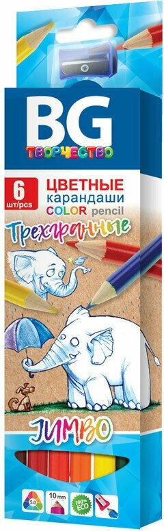 Карандаши цветные BG "Jumbo", 06цв, трехгран, толстые, 5,0мм, европодвес, 327631