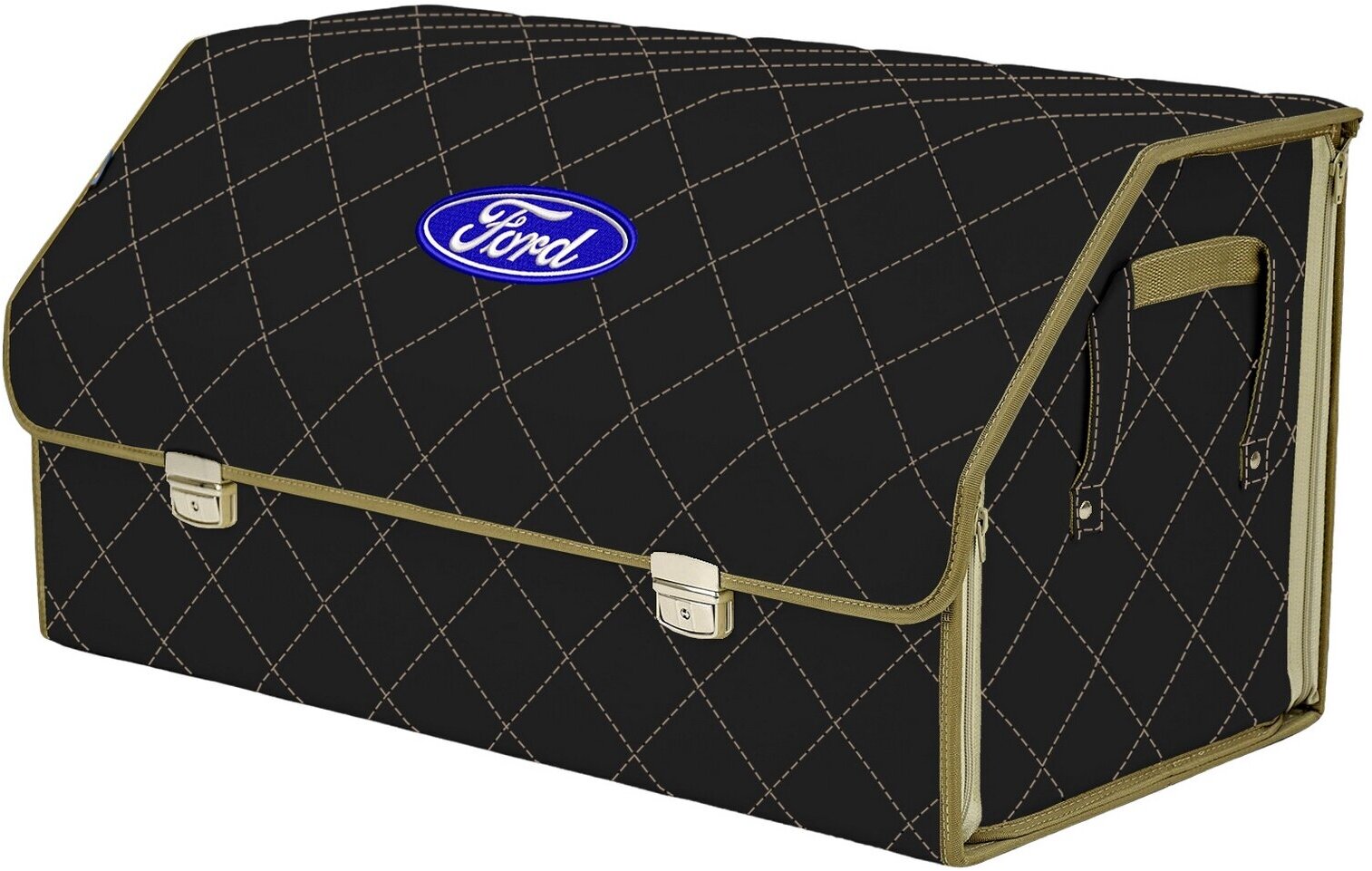 Органайзер-саквояж в багажник "Союз Премиум" (размер XL Plus). Цвет: черный с бежевой прострочкой Ромб и вышивкой Ford (Форд).