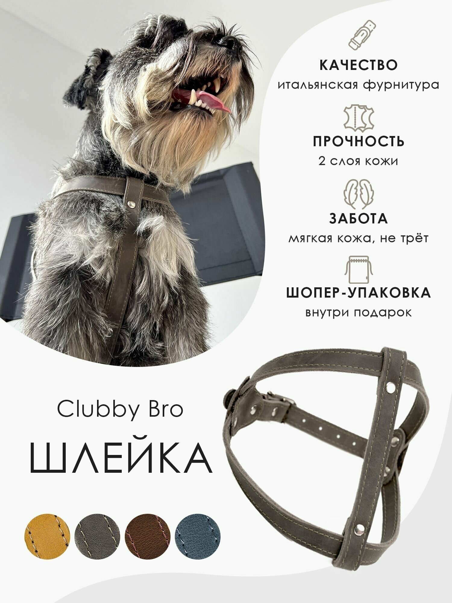 Шлейка для собак из натуральной кожи Clubby 1,5 см для питомцев весом от 1,5 до 5 кг , обхват груди 35-45 , цвет графит - фотография № 1