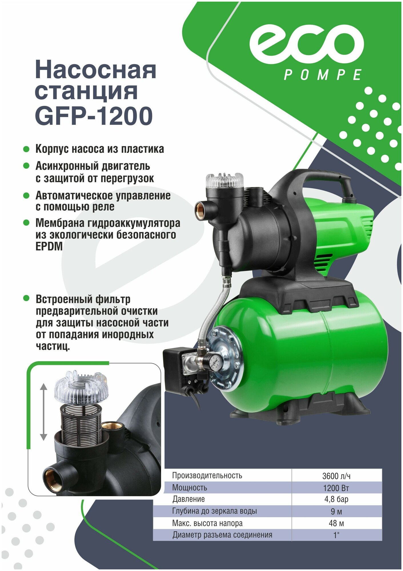 Насосная станция Eco Насосная станция ECO GFP-1200 (1200 Вт) - фотография № 6