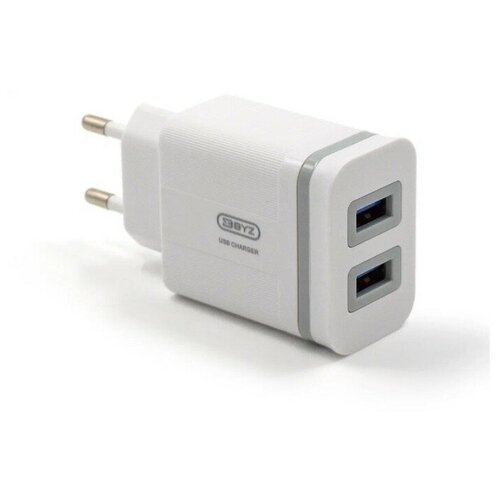 Сетевое зарядное устройство BYZ U26, 2 USB, 2.4 А, кабель microUSB, 1 м, белое сетевое зу byz u26 eu 2хusb а 2 4а кабель am 8pin lightning 1 м белый
