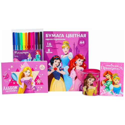 фото Disney подарочный набор "принцессы дисней": цветная бумага, блокнот, фломастеры, копилка, альбом для рисования