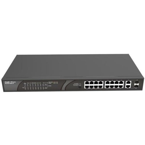 Ruijie Reyee 16-Port 100Mbps + 2 Gigabit RJ45/SFP combo Ports, 16 of the ports support PoE/PoE+ power supply. Max PoE power budget is 120W, unmanaged